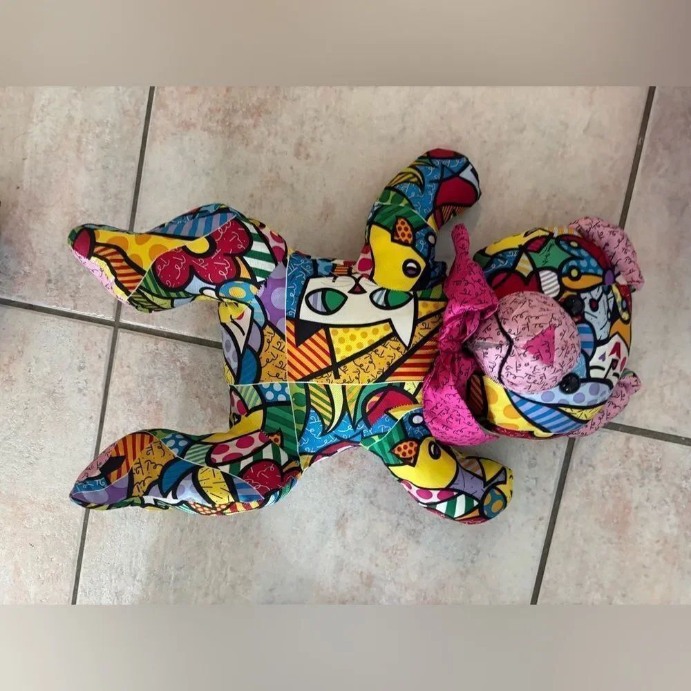 ROMERO BRITTO MR PLUSH STUFFED ANIMAL SCULPTURe ART Silk GARDEN PARTY Teddy Bear